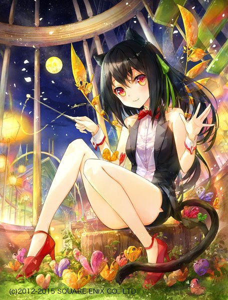 Anime picture 759x1000 with million arthur (series) original square enix fuumi (radial engine) single long hair tall image blush fringe black hair smile hair between eyes red eyes animal ears full body tail animal tail cat ears night official art