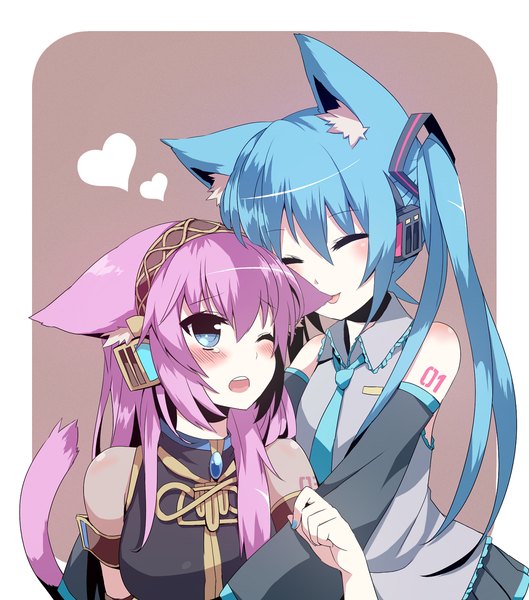 Anime picture 1170x1326 with vocaloid hatsune miku megurine luka mizuki (koko lost) long hair tall image blush open mouth blue eyes bare shoulders multiple girls animal ears pink hair tail eyes closed animal tail pleated skirt cat ears aqua hair cat girl
