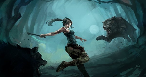 Anime picture 1920x1026 with tomb raider lara croft sbalac long hair highres brown hair wide image signed teeth grey eyes torn clothes saliva jumping clenched teeth sharp teeth bare tree battle girl animal tree (trees)