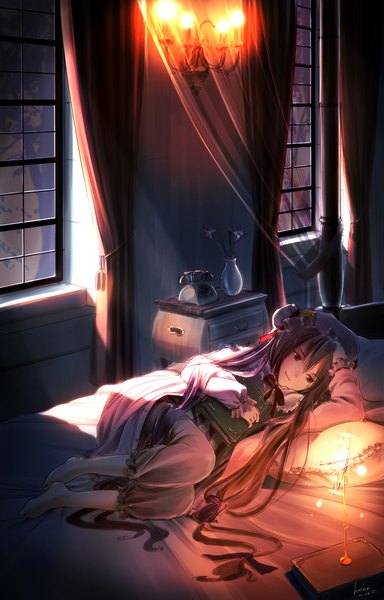 Anime picture 1280x2000 with touhou patchouli knowledge long hair tall image smile purple eyes purple hair girl flower (flowers) ribbon (ribbons) hat window book (books) bed phone