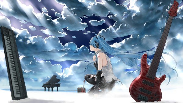 Anime picture 2400x1350 with vocaloid hatsune miku bob (biyonbiyon) single highres wide image twintails looking away sky cloud (clouds) very long hair sunlight aqua hair tattoo kneeling torn clothes hair over eyes girl skirt detached sleeves