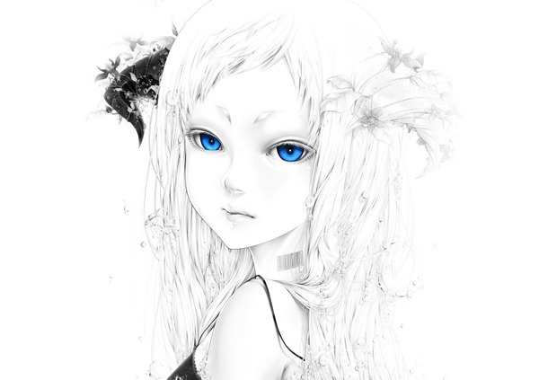 Anime picture 4000x2826 with original bouno satoshi long hair looking at viewer highres blue eyes white background absurdres white hair hair flower lips monochrome girl hair ornament flower (flowers)