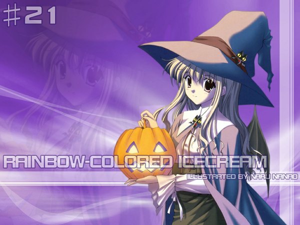 Anime picture 1024x768 with rainbow colored icecream nanairo aisu nanao naru single long hair looking at viewer fringe blonde hair holding brown eyes inscription wavy hair halloween demon wings witch girl hat wings cloak witch hat