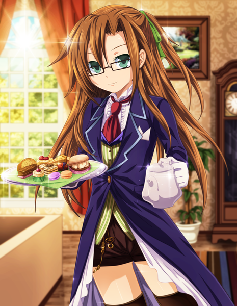 Anime picture 3720x4800 with choujigen game neptune if (choujigen game neptune) deohvi single long hair tall image highres smile brown hair green eyes absurdres sunlight one side up coloring girl ribbon (ribbons) plant (plants) hair ribbon glasses necktie