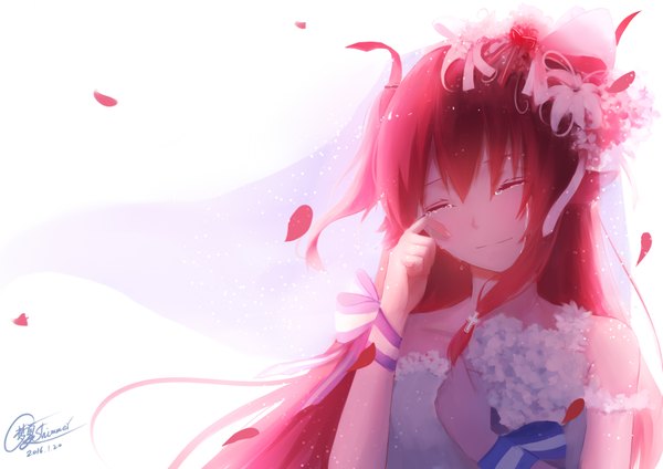 Anime picture 3507x2480 with angel beats! key (studio) yui (angel beats!) shimmer single long hair highres white background absurdres red hair hair flower inscription tears 2016 happy tears girl dress hair ornament flower (flowers) bow