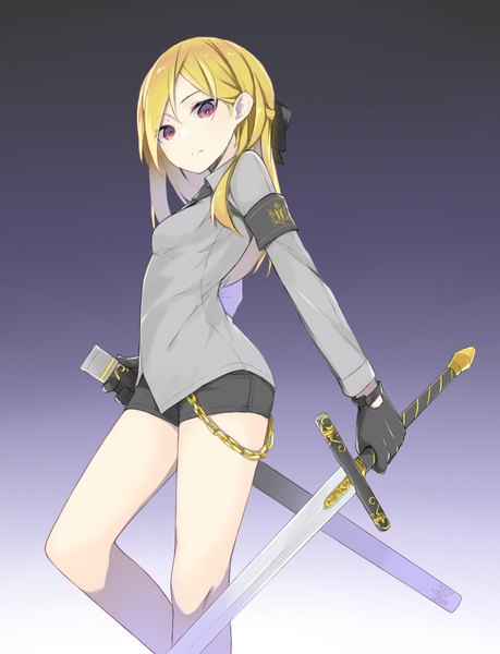 Anime picture 766x1000 with original fhang single long hair tall image looking at viewer fringe blonde hair simple background hair between eyes red eyes holding bent knee (knees) gradient background arched back serious girl gloves ribbon (ribbons) weapon