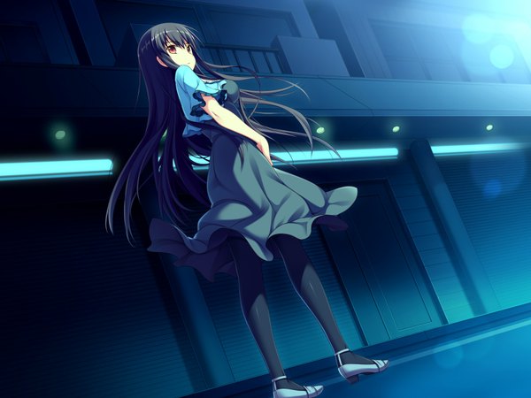 Anime picture 1600x1200 with worlds and world's end yazama fumika amakura single long hair black hair red eyes game cg looking back girl dress