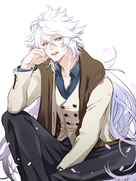 Anime picture 768x1024 with fate (series) fate/grand order merlin (fate) merlin (traveling outfit) (fate) zuwai kani single long hair tall image looking at viewer fringe open mouth simple background smile hair between eyes white background sitting purple eyes payot white hair :d