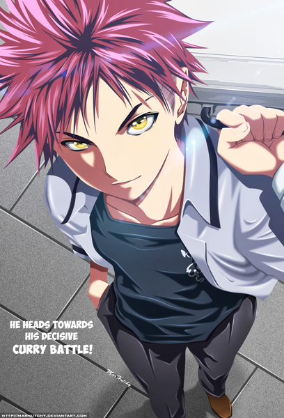Anime picture 884x1300 with shokugeki no soma j.c. staff yukihira souma marhutchy single tall image looking at viewer short hair holding yellow eyes red hair light smile from above inscription hand in pocket boy shoes pants bag t-shirt