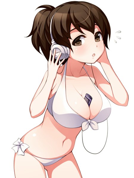 Anime picture 750x1000 with girls und panzer koyama yuzu torigoe takumi single tall image looking at viewer blush short hair breasts open mouth light erotic black hair simple background large breasts white background brown eyes girl swimsuit bikini headphones