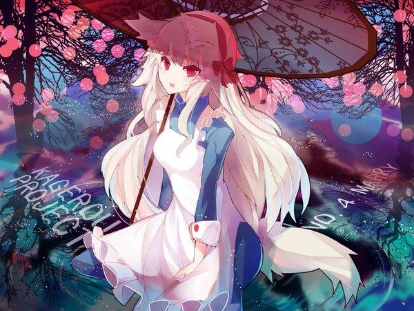 Anime picture 1600x1200 with kagerou project shaft (studio) mary (kagerou project) rain lan single long hair looking at viewer open mouth red eyes animal ears white hair tail animal tail from above inscription character names wolf ears wolf tail girl plant (plants)