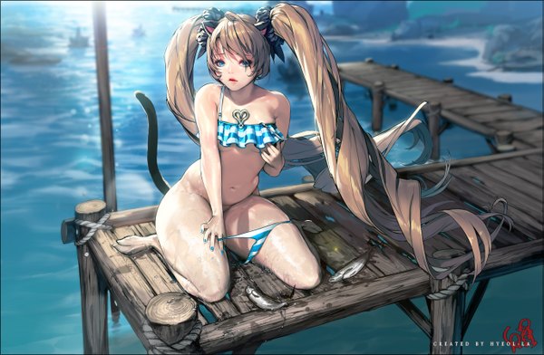 Anime picture 1375x900 with blade & soul nightmadness single looking at viewer blue eyes light erotic brown hair twintails animal ears tail very long hair animal tail cat ears cat girl cat tail thick thighs girl navel swimsuit animal