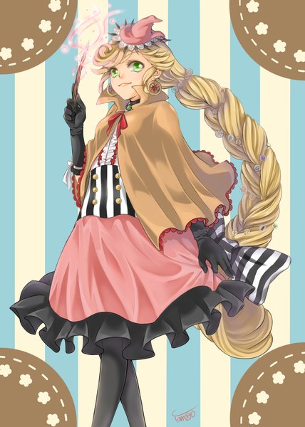 Anime picture 1500x2100 with original tamagoha single tall image blonde hair green eyes looking away braid (braids) very long hair witch girl dress gloves earrings black gloves