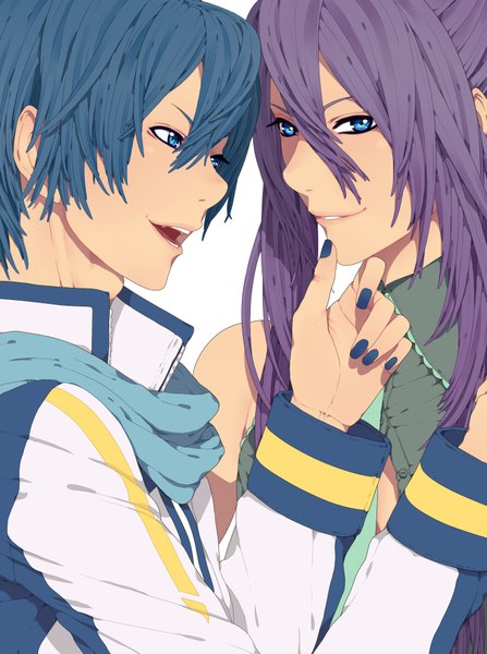 Anime picture 1453x1949 with vocaloid kaito (vocaloid) kamui gakupo nayu long hair tall image short hair open mouth blue eyes smile blue hair purple hair nail polish shounen ai boy choker scarf