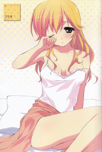 Anime picture 3852x5708 with fumio (ura fmo) single long hair tall image blush highres blonde hair bare shoulders brown eyes absurdres morning girl bed blouse