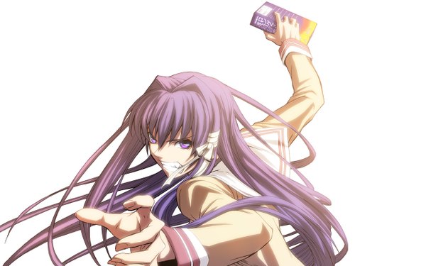 Anime picture 1280x800 with clannad key (studio) fujibayashi kyou long hair wide image purple eyes purple hair wallpaper angry uniform ribbon (ribbons) school uniform fumei