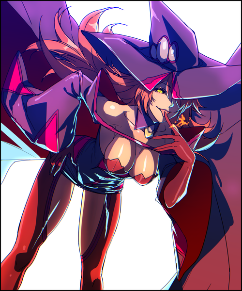 Anime picture 850x1020 with blazblue konoe a mercury pizaya single long hair tall image looking at viewer breasts light erotic simple background large breasts white background yellow eyes pink hair leaning leaning forward hand on hip finger to mouth girl thighhighs