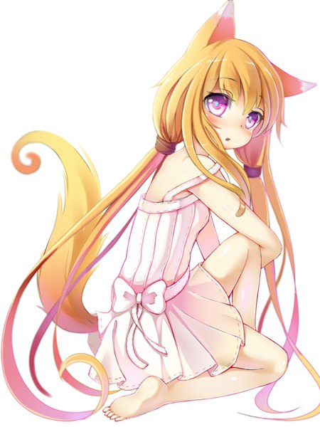 Anime picture 1860x2480 with original ming (3952862) single tall image looking at viewer blush fringe highres simple background blonde hair hair between eyes white background twintails purple eyes animal ears bent knee (knees) tail very long hair animal tail barefoot