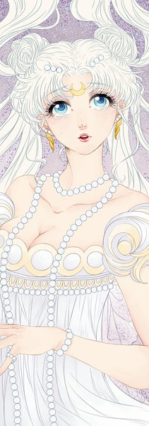 Anime picture 400x1133 with bishoujo senshi sailor moon toei animation princess serenity soudwrong single long hair tall image blue eyes twintails white hair lips hair bun (hair buns) tears looking up purple background girl dress earrings bracelet white dress