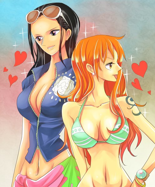 Anime picture 2480x3000 with one piece toei animation nami (one piece) nico robin himerinco (artist) long hair tall image highres breasts light erotic black hair simple background large breasts multiple girls cleavage light smile orange hair midriff tattoo huge breasts