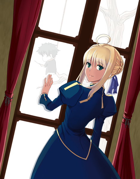 Anime picture 1565x2000 with fate (series) fate/stay night fate/zero studio deen type-moon artoria pendragon (all) saber noppodesu (artist) single tall image short hair blonde hair smile green eyes ahoge looking back girl dress window curtains