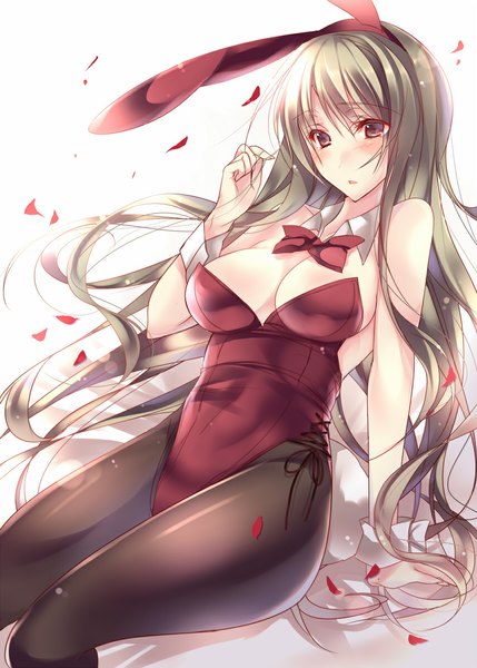 Anime picture 854x1195 with original amane ruri single long hair tall image blush breasts open mouth light erotic large breasts bare shoulders brown eyes animal ears tail animal tail grey hair bunny ears fake animal ears bunny girl bunny tail