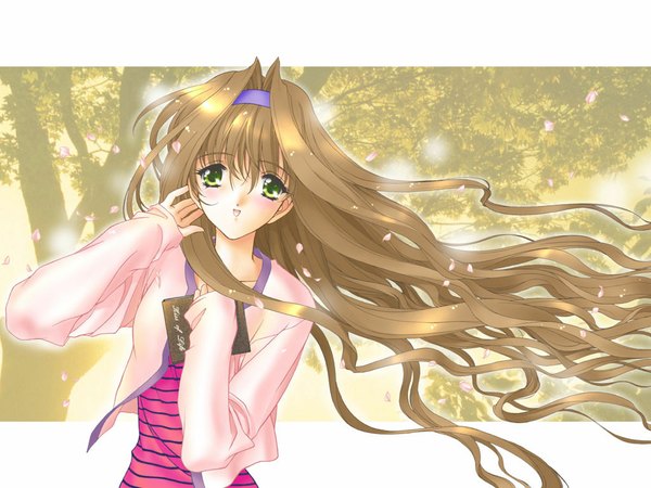 Anime picture 1024x768 with kimizuka aoi single long hair looking at viewer blush fringe hair between eyes brown hair green eyes upper body wind letterboxed outside border soft beauty girl headband