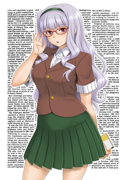 Anime picture 715x1000 with idolmaster shijou takane hida tatsuo single long hair tall image looking at viewer open mouth silver hair pink eyes wavy hair girl skirt shirt glasses hairband