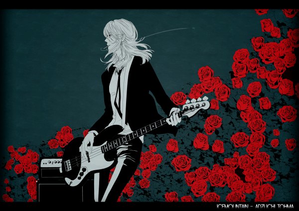 Anime picture 1200x848 with vocaloid azuchi touma single long hair simple background blonde hair profile inscription grey background monochrome dark background letterboxed green background music boy flower (flowers) shirt rose (roses) suit guitar