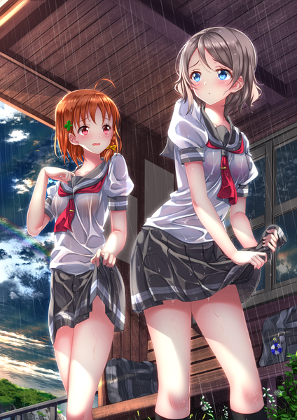 Anime picture 1102x1560 with love live! sunshine!! sunrise (studio) love live! watanabe you takami chika swordsouls tall image blush short hair open mouth blue eyes light erotic red eyes brown hair multiple girls grey hair rain wet clothes wringing clothes girl