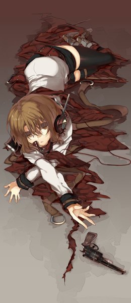 Anime picture 500x1150 with original teigi single tall image looking at viewer short hair brown hair brown eyes girl thighhighs weapon black thighhighs boots headphones gun