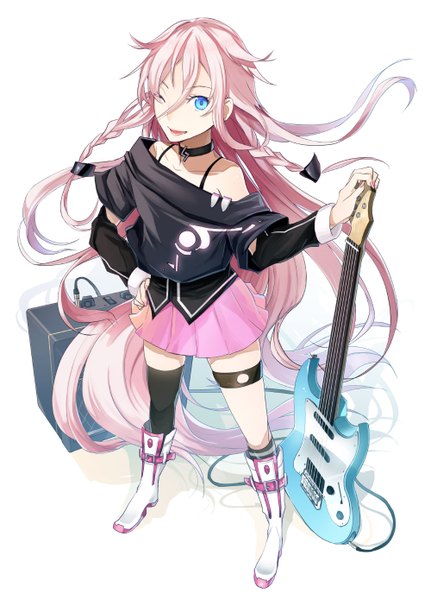 Anime picture 1000x1390 with vocaloid ia (vocaloid) kgr single tall image blue eyes pink hair braid (braids) very long hair one eye closed wink girl skirt boots collar guitar pink skirt amplifier guitar amplifier