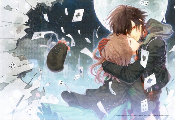 Anime picture 2560x1758 with amnesia idea factory heroine (amnesia) shin (amnesia) highres black hair red eyes brown hair eyes closed wind scan couple hug city girl boy hood building (buildings) moon card (cards)