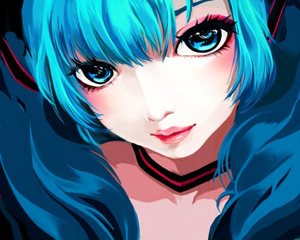 Anime picture 1000x800 with vocaloid hatsune miku single long hair looking at viewer blush blue hair aqua eyes lipstick girl collar