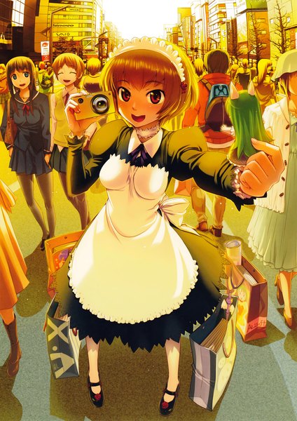 Anime picture 2168x3069 with original eshi 100-nin ten koume keito tall image highres short hair open mouth smile red eyes brown hair multiple girls multiple boys maid city evening sunset 6+ girls street 6+ boys 7 girls