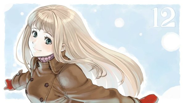 Anime picture 1024x576 with original shimotsuki eight long hair blonde hair wide image green eyes coat red gloves winter clothes number (numbers) mittens snowball