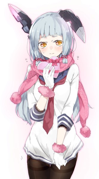 Anime picture 562x1010 with kantai collection murakumo destroyer sino (sionori) single long hair tall image looking at viewer blush simple background white background yellow eyes silver hair blunt bangs embarrassed eyebrows valentine tress ribbon girl gloves uniform