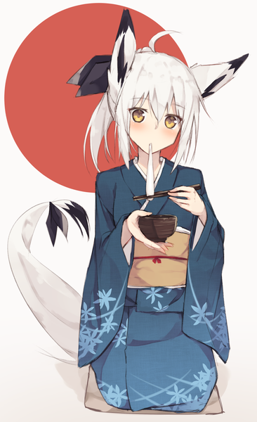 Anime picture 906x1482 with original nagishiro mito single tall image looking at viewer blush fringe short hair hair between eyes white background sitting holding animal ears yellow eyes full body ahoge white hair tail traditional clothes japanese clothes