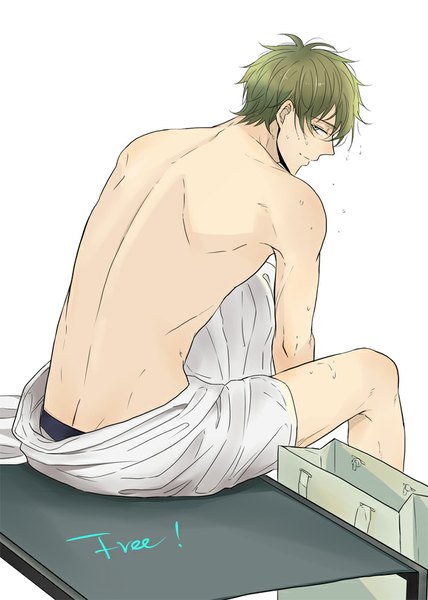Anime picture 700x980 with free! kyoto animation tachibana makoto eyokiki single tall image looking at viewer short hair light erotic simple background brown hair white background sitting green eyes profile wet copyright name bare back boy underwear