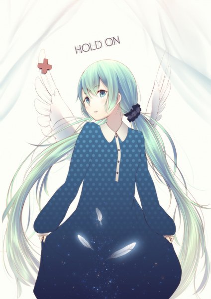 Anime picture 919x1300 with vocaloid hatsune miku oki (koi0koi) single tall image white background twintails looking away very long hair aqua eyes aqua hair inscription girl dress wings feather (feathers)