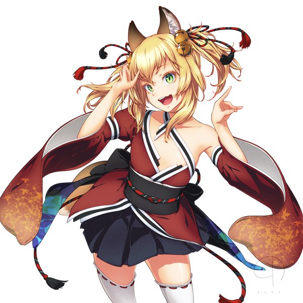 Anime picture 1200x1200 with original 4690 single looking at viewer blush fringe short hair open mouth light erotic simple background blonde hair smile hair between eyes standing white background twintails green eyes animal ears payot tail