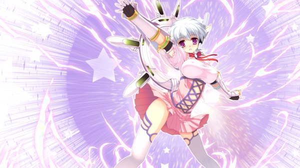 Anime picture 1280x720 with colorful cure arusu makina moric (artist) short hair wide image purple eyes game cg white hair girl thighhighs dress skirt gloves miniskirt white thighhighs elbow gloves