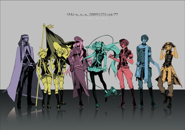 Anime picture 1403x990 with vocaloid hatsune miku megurine luka kagamine rin kagamine len gumi kaito (vocaloid) meiko kamui gakupo twintails grey background group girl gloves hat scarf sunglasses megaphone