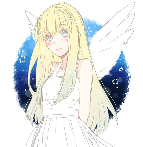 Anime picture 878x900 with aldnoah.zero a-1 pictures asseylum vers allusia ita single long hair tall image looking at viewer blush fringe blonde hair smile white background aqua eyes sleeveless hands behind back girl dress white dress star (symbol)
