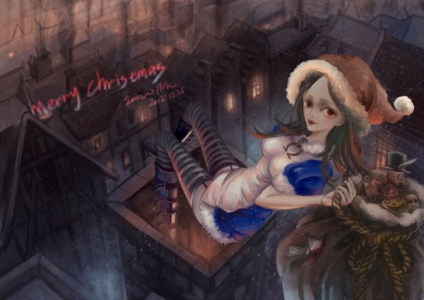 Anime picture 1800x1272 with alice in wonderland alice (wonderland) sorrowink single long hair looking at viewer highres black hair red eyes from above lips inscription fur trim snowing christmas merry christmas girl thighhighs dress weapon