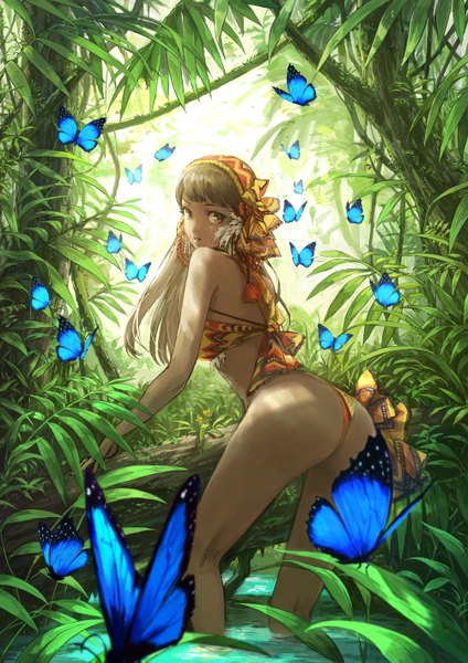 Anime picture 1002x1417 with original harupy single long hair tall image looking at viewer fringe breasts light erotic brown hair bare shoulders ass looking back dark skin girl swimsuit plant (plants) tree (trees) water hairband