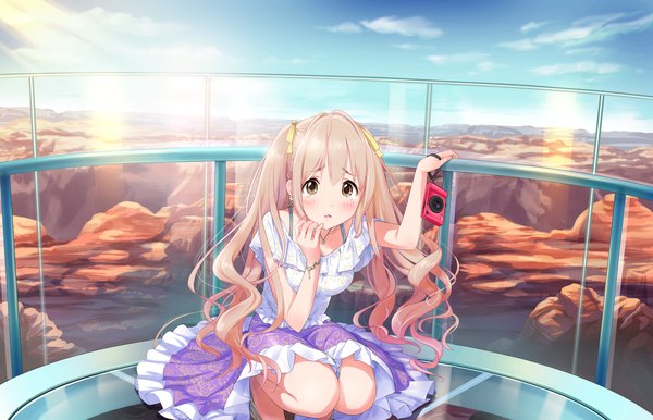 Anime picture 1280x824 with idolmaster idolmaster cinderella girls saionji kotoka single long hair looking at viewer blush open mouth blonde hair brown eyes sky cloud (clouds) girl dress camera