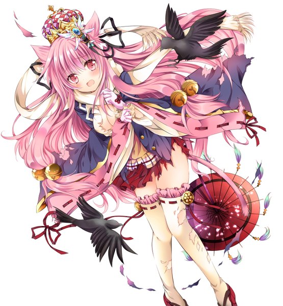 Anime picture 750x810 with makai gakuen catastrophe original nogi takayoshi single long hair tall image blush breasts open mouth light erotic simple background white background purple eyes animal ears pink hair cleavage very long hair pleated skirt pink eyes cat ears