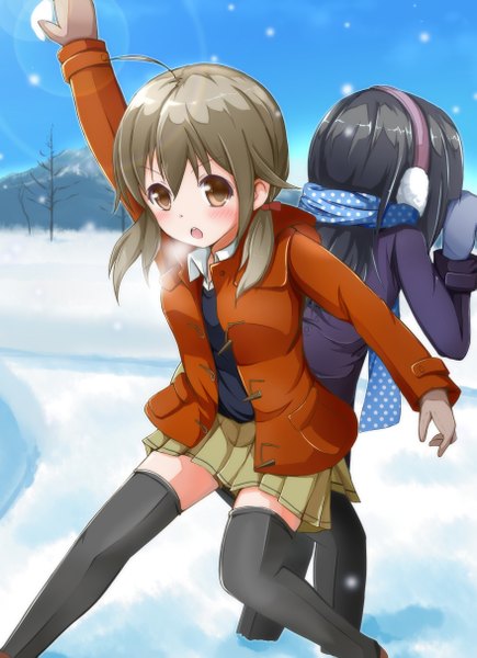 Anime picture 1758x2423 with original inasaki homare shiomura tamari ok-ray tall image blush highres short hair open mouth black hair brown hair multiple girls brown eyes pleated skirt snowing winter snow exhalation back to back cold