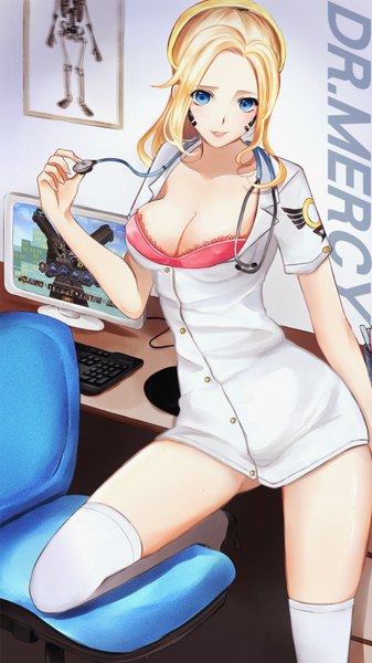Anime picture 900x1600 with overwatch blizzard entertainment mercy (overwatch) reaper (overwatch) chu (huaha1320) single long hair tall image looking at viewer breasts blue eyes light erotic blonde hair smile large breasts standing bent knee (knees) standing on one leg nurse skeleton